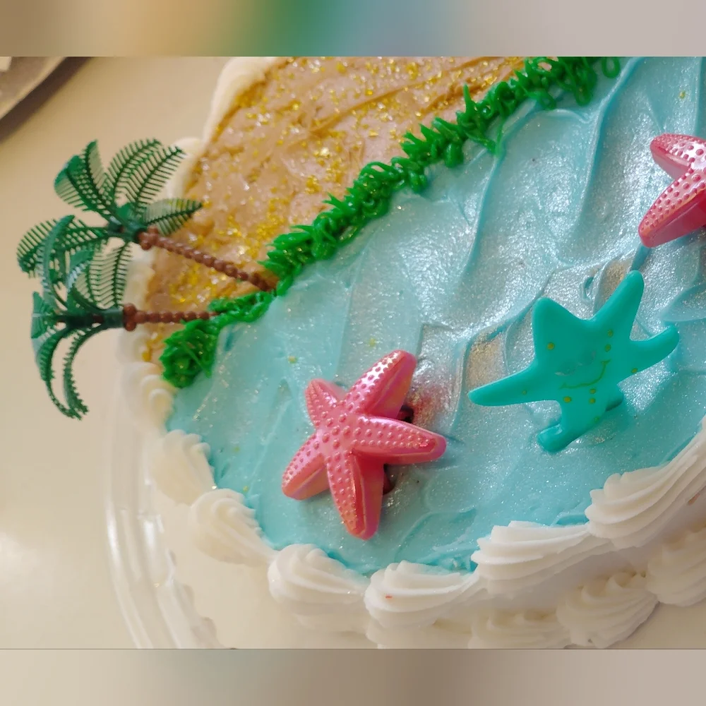 🆕Beach Theme Cake Topper Set with🩷Pink Starfishs &🌴Palm Trees, plus Carrier.